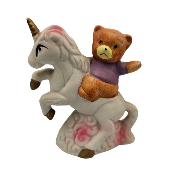 Vtg Teddy Bear Riding Mythical Unicorn In Clouds 70s 80s Porcelain Bisque - Picture 1 of 7